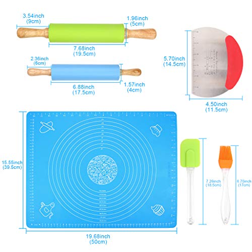 1Set Rolling Pin Pastry Mat Set Non-Stick 6 in 1 Dough Roller Baking Kit with Pastry Cutter Reusable Kneading Mat Scraper Basting Brush