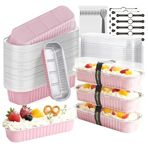 50 Pack Mini Cake Pans with Lids and Spoons, Mini Loaf Baking Pans 6.8oz, Small Disposable Aluminum Foil Loaf Pans, Rectangular Baking Containers for Party and Picnics, Cheesecake Pans (Pink) - color: Pink
