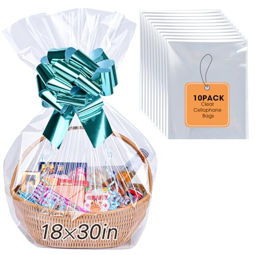 Yuiicaov 10PCS Large Cellophane Bags, 18x30 Inches Clear Cellophane Wrap for Gift Baskets, Clear Basket Bags Packaging 2.8 Mil Thick - size: 18x30 Inch(Pack of 10)