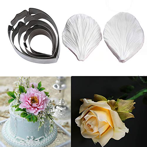 KALAIEN 5pcs Stainless Steel Peony Cutter 2pcs Fondant Silicone Mold - color: Peony Set(7pcs)