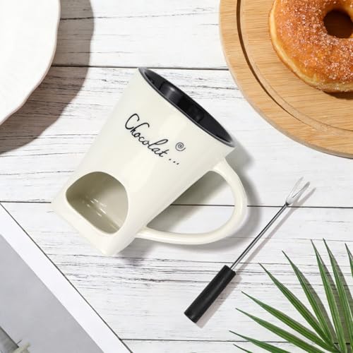 Chocolate Fondue Mug with Fork Sweet Ceramic Personal Chocolate Melting Cup Chocolate Fondue Mug Ideal Gifts for Birthday Date Night Birthday Wedding Gifts (white) - color: White