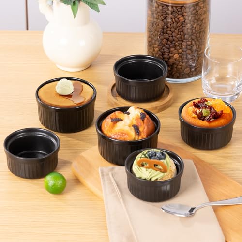 Yachi Ramekins Black, 6 oz Ceramic Set of 6 Stoneware Bakeware for Souffle Sauces Dipping Onion Soup Lava Cake Flan Creme Brulee Kit Pudding Mini Custard Oven Safe - color: Black, size: 6 OZ