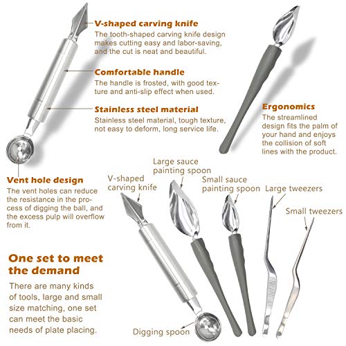 5 Pieces Culinary Drawing Decorating Spoon Set, Drizzle Spoons, Cooking Tweezers and Melon Baller Spoon, Professional Chef Tool for Decorating Plates