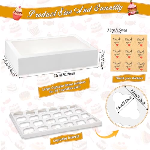 Fuutreo 10 Pack White Cupcake Boxes with Window 21 x 13 x 4 Inches 24 Count Auto Pop up Large Cookie Boxes Cupcake Containers with Thank You Label Stickers for Muffins Pastries Donuts Cookies - size: Large size
