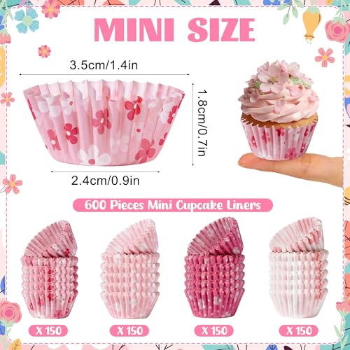 Mini Cupcake Liners,600PCS Pink Floral Baking Cups Mini Size Greaseproof Cherry Blossom Muffin Wrapper Chocolate Cups for Bridal Baby Shower Wedding Princess Themed Birthday Tea Party Decor - style: Style B