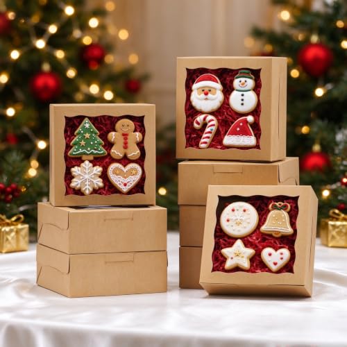 50pcs Cookie Boxes 5x5x2.5 Inch Bakery Boxes with Window Treat Box - color: Brown