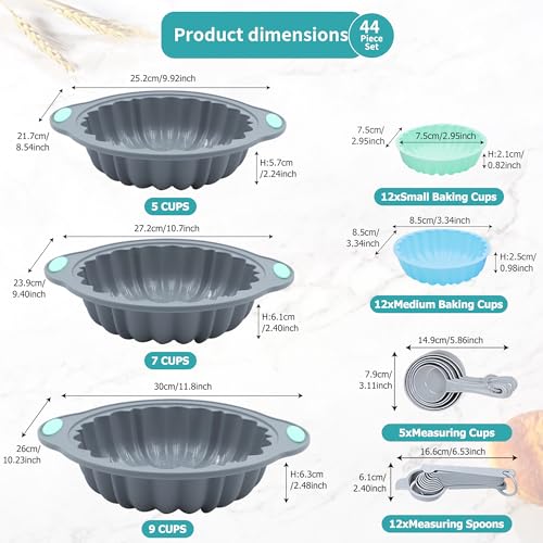 To encounter 44 Pieces Silicone Round Cake Pans Set, 3 Sizes Silicone Fluted Cake Pan Set with Reusable Baking Cups, Food Grade Baking Molds for Brownie, Bread, Muffin, Light Grey - size: 44 Pcs Round Cake Pan