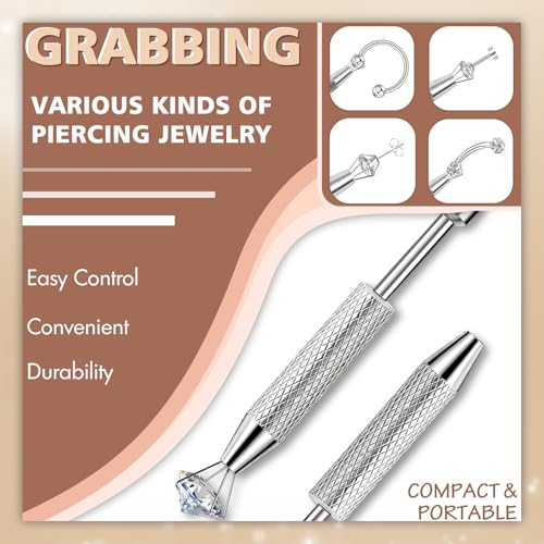 ONESING 2Pcs Piercing Ball Grabber Tool for Changing Jewelry, Stianless Steel Flat Back Earring Applicator Internally Threaded Push Pin Piercing Grabber Tool - color: Silver-H