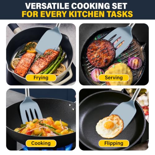 2 Pack Silicone Spatula Set, Solid & Slotted Turner for Non-Stick Pans - color: Blue