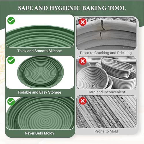 Premium Silicone Sourdough Banneton Bread Proofing Basket - Includes Oval & Round Foldable proofing Bowls (9.5 Inch) - Oven & Dishwasher Safe, Gifts for Artisan Bakers - Sage Green - color: Green