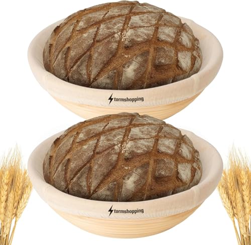Banneton Bread Proofing Basket - Banneton Basket Set of 2 Pack 10 inch Round Sourdough Proofing Basket with Liner - Handmade Rattan Proofing Rising Bowl for Artisan Bread Making Baking Supplies