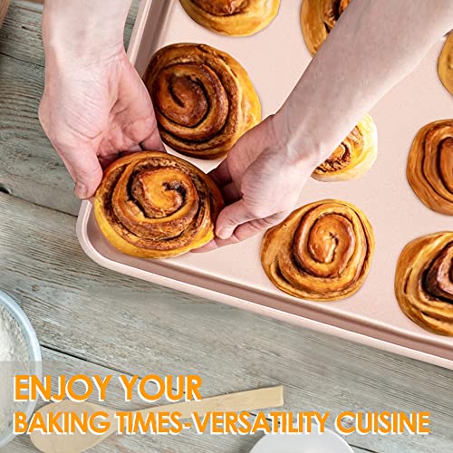 11" x 9" Baking Pans, Cookie Sheets Set of 2, Nonstick Toaster Oven Pan Set for Baking, Heavy Duty Carbon Steel Non-toxic Oven Replacement Cookie Tray for Kitchen Bakery, Gold - size: 11" X 9" X 1" (Fixed Bottom)