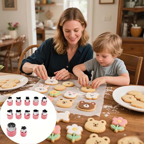 12-Piece Cookie Cutters Set-Stainless Steel&BPA-Free Shapes for Baking (Bear,Rabbit,Star,Flower) DIY Cookies,Mini Pies,Fondant,Veggies|Dishwasher Safe,Gift for teenager & Parents (12, Pink) - color: Pink