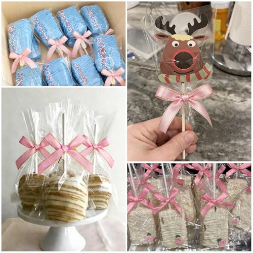 Roxjaejae 150 Pcs Cake Pop Kit, Paper Cake Pop Sticks with Clear Cellophane Bags and Pink Bow Twist Ties, Cake Pops Making Tools for Lollipops, Candies, Chocolates, Cookies, DIY Desserts
