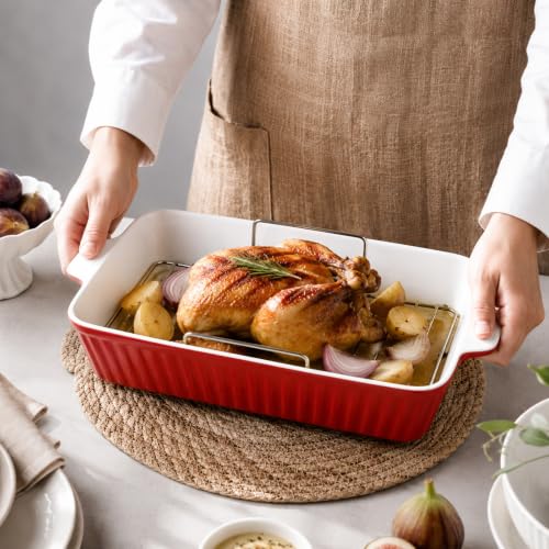 DOWAN 9x13'' Baking Dish with Handles Rack, Deep Casserole Pan & Stainless Steel Roasting Rack for Oven, Chicken & Meat Resting, Ceramic Lasagna Pan, Dishwasher & Microwave Oven Safe-Red - color: Red