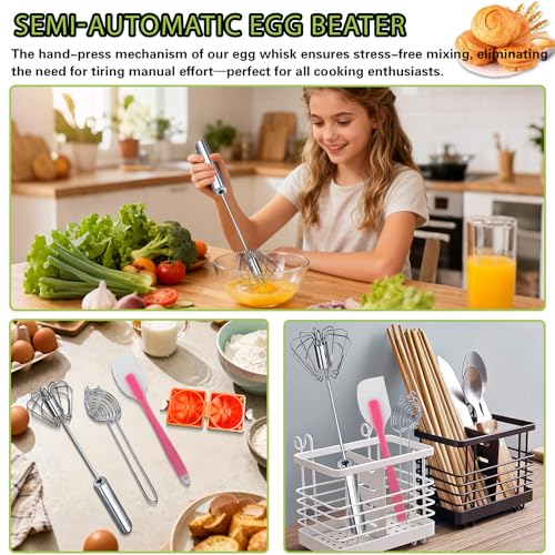 Semi-automatic Whisk, Stainless Steel Egg Whisk, Hand Mixer Egg Beater, Egg Spinner, Wisking Tool, Hand Push Mixer Stirrer for Blending, Whisking, Beating & Stirring (12in)