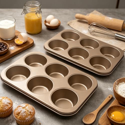 Non-Stick Gold Jumbo Muffin Pans, 6-Cup Set of 2 - color: Gold