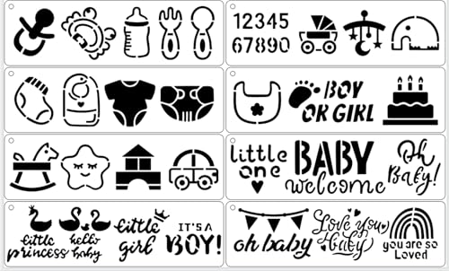 Cute Baby Shower Stencils for Painting, 8Pcs Baby Shower Reusable Stencil Cookies Sugar Cake Baking Stencils