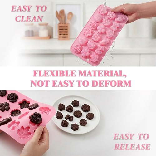Flower Candy Molds Silicone 2PCS, KKDINDAN 9 Shapes Bite Size Chocolate Molds, Food Grade Spring Rose Daisy Flower Mold Bow Leaf Gummy Molds for Ice Jello Soap Cookie Dessert Melt - size: Flower Molds 2 Pcs