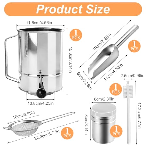 Stainless Steel 5 Cup Flour Sifter, 4 in 1 Baking Sifter with Powder Sugar Shaker Duster, Strainers Fine Mesh and Metal Scoop, Fine Sifter for Baking Cakes, Pies, Cupcakes, Desserts