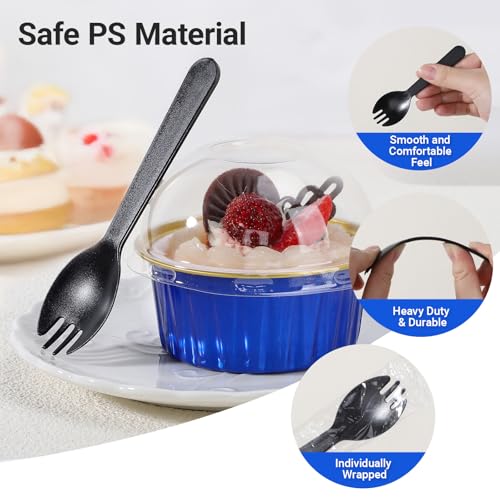 EUSOAR Mini Cake Pans with Lids and Sporks Individually Wrapped, 120pcs 5oz Creme Brulee Ramekins Disposable Cupcake Liners, Foil Ramekins Muffin Dessert Baking Cups for Wedding Picnic Gathering - color: Royal Blue/Gold