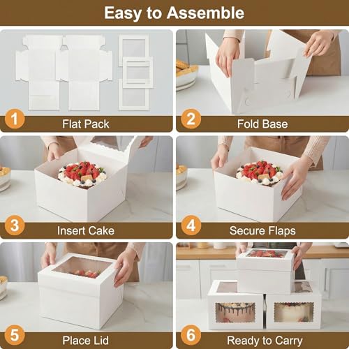 3 Pack 10x10x5 Inch White Cake Boxes with Window and Lids – Disposable Bakery Boxes for Cakes, Donuts, Pies, Cookies – No Cake Boards Included – Birthday, Wedding, Party Supplies