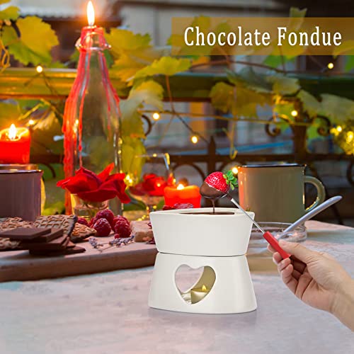 BSTKEY White Ceramic Butter Warmer Set, Heart Shaped Fondue Pot Melting Pot Set, Melt Hot Pot Bowl Set for Cheese Chocolate Butter Caramel, with 4 Forks - color: White