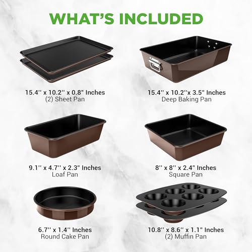 NutriChef 8-Piece Nonstick Stackable Bakeware Set - PFOA, PFOS, PTFE Free Baking Tray Set w/Non-Stick Coating, 450°F Oven Safe, Round Cake, Loaf, Muffin, Wide/Square Pans, Cookie Sheet (Brown) - color: Brown