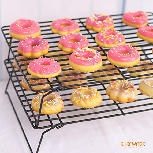 CHEFMADE Baking and Cooling Rack Set, 13.5-Inch 3-Tier Non-Stick Stackable Collapsible Rectangle Wire Rack for Oven Baking (Black)