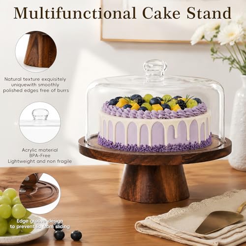 Acacia Wood Cake Stand with Lid - 12 Inch Magnetic Detachable Cake Stand with Dome, Shatterproof Acrylic Cover, Versatile Cake Holder & Charcuterie Board for Parties, Dessert Table Display