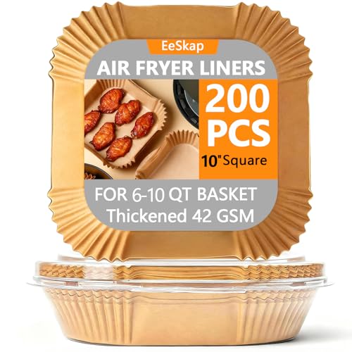 200 Pcs Unbleached Air Fryer Liners 10 Inch, Non-Stick Disposable Parchment Paper Squares for Air Fryer, Microwave, Steamer & Oven – Oil-Proof, Waterproof, Ashesive-Free (9" Bottom) - size: 10 Inch Square