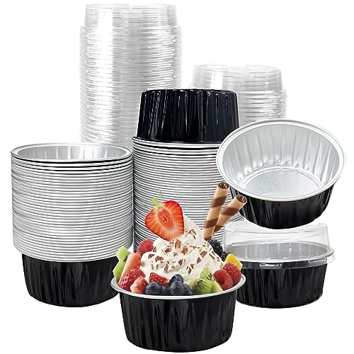 100Pcs Aluminum Cups with Lids,5oz Disposable Ramekin Baking Cups Muffin Liners Mini Pie Pans Foil Cupcake Containers for Christmas Party Wedding Party,Black - color: Black