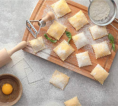Ravioli Stamp Maker Cutter with Roller Wheel Set, Mold with Wooden Handle and Fluted Edge, Pasta Press Kitchen Attachment (MF-146) - size: 3 piece