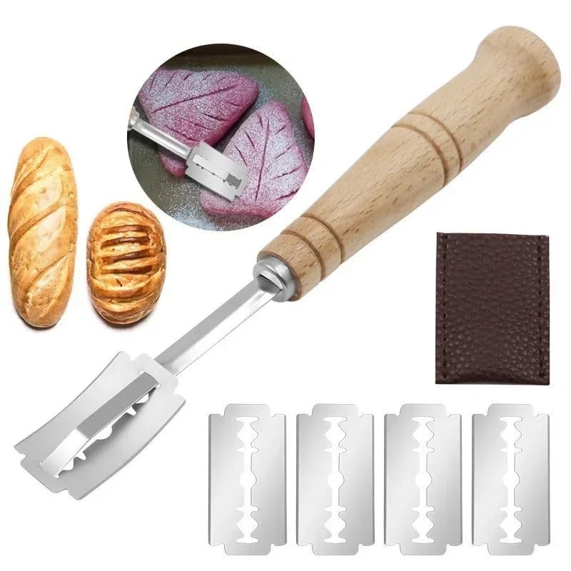 Premium Hand Crafted Bread Lame for Dough Scoring Knife, Lame Bread Tool for Sourdough Bread Slashing with 5 Blades Included with Replacement with Authentic Leather Protector Cover (Wood1) - color: Wood1