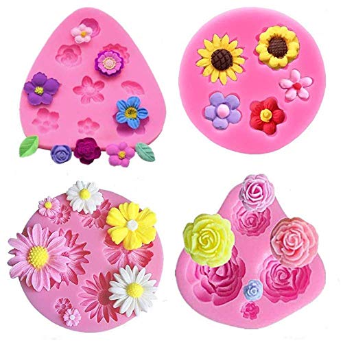 4Pcs/Set Mini Flower & Leaf Fondant Molds, Rose Daisy Sunflower Silicone Gumpaste Molds for Cake Cupcake Topper Decoration Small Leaves Chocolate Candy Polymer Clay Resin Crafting Projects Tools