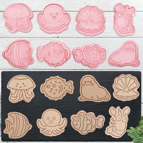 8 Mini Ocean Animal Cookie Cutters Set, 3D Raised Design Animal Embossing Stamps, Sea Lions, Jellyfish, Lobsters, Agouti, Octopus, Clown Fish, Pearl Clams Baking Molds(Ocean-2) - color: Ocean-2