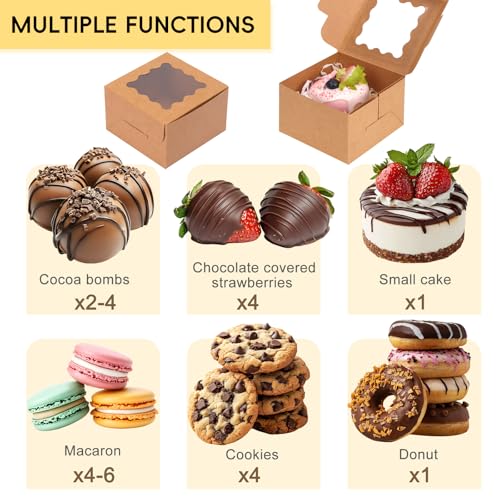 TOMNK 150pcs Small Cookie Boxes with Window, 4x4x2.5In Cookie Packaging - color: Brown