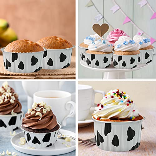 100Pcs Aluminum Cups with Lids,5oz Disposable Ramekin Baking Cups Muffin Liners Mini Pie Pans Foil Cupcake Containers for Christmas Party Wedding Party,Cow Print - color: Cowprint