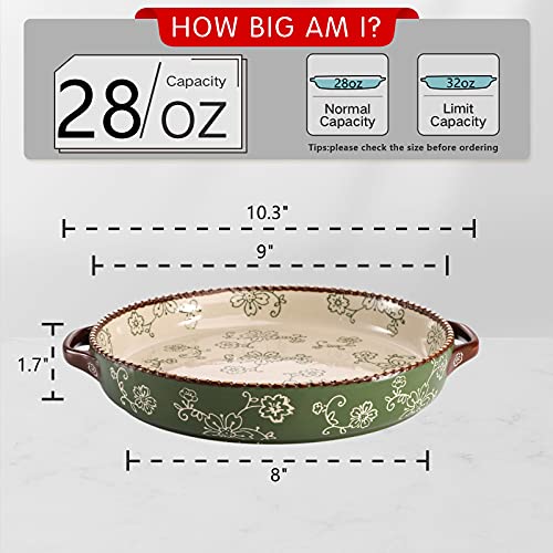 AVLA 2 Pack Ceramic Pie Pan, 9 Inch Round Baking Dish with Double Handle, 28 Ounce Deep Quiche Plates for Kitchen, Cooking, Roasting Lasagna (Sakura, Green) - color: Green