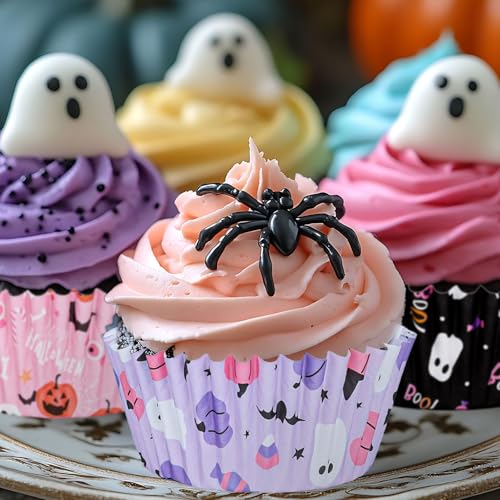 JarThenaAMCS 300Pcs Halloween Cupcake Liners Pumpkin Ghost Spider Web Bat Paper Baking Cups Pink Purple Orange Black Standard Muffin Cupcake Wrappers for Party Supplies Table Decor