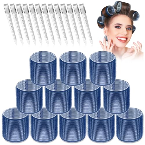 Jumbo Hair Curlers Set - 24 Large Rollers with 12 Rollers and 12 Clips for Long, Thick Volume (Blue) - color: Blue