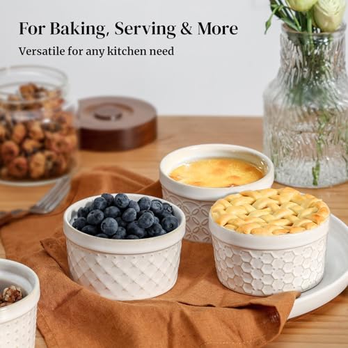 DOWAN Ramekins Oven Safe with Lids 8 oz, Charcuterie Boards Bowls Set for Creme Brulee, Souffle, Dipping Sauces, Custard Cups Ceramic Food Storage Containers, Set of 6, Beige - size: 8 oz