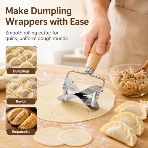 IMIKEYA Dumpling Wrapper Cutter, Dough Cutter Mold with Wooden Handle, Rolling Pastry Cutting Tool for Dumpling, Ravioli, Calzone, Empanada, Pierogi, Cookies, Biscuits