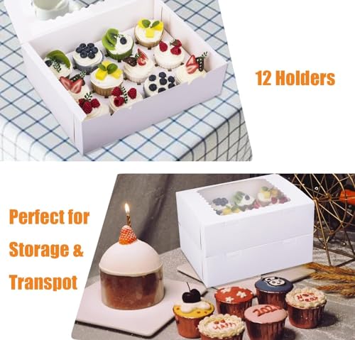 12-Set Cupcake Boxes Hold 12 Standard Cupcakes, Food Grade Cupcake Holders Bakery Carrier Boxes with Windows and Inserts for Cupcakes, Muffins and Pastries (White-12 Pack) - color: White-12 Pack