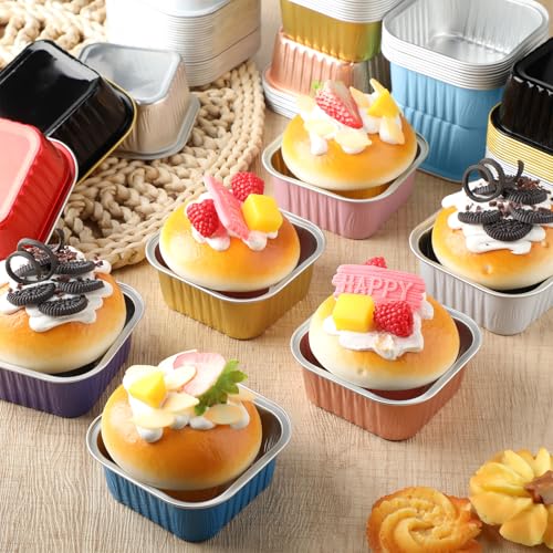 Skylety 100 Pcs 5oz Mini Square Cake Pans with Lids, Mixed Color - color: Mixed Color