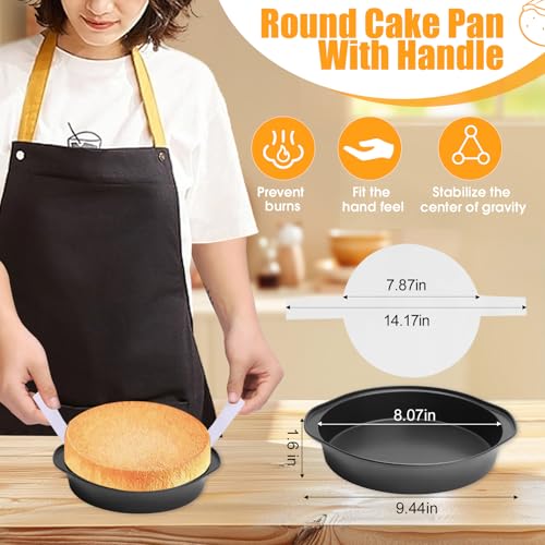 8" Round Cake Pan, 3PCS Nonstick Cake Pans with 100 PCS Parchment Paper, Carbon Steel Cake Baking Pans with Handle, Dishwasher Safe - size: 8 Inch - A