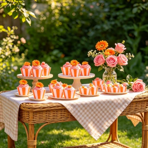 Whaline 36Pcs Pink Orange Cupcake Wrappers Stripe Scalloped Cupcake Liners Summer Decorative Baking Cups for Birthday Baby Shower Wedding Party Supplies