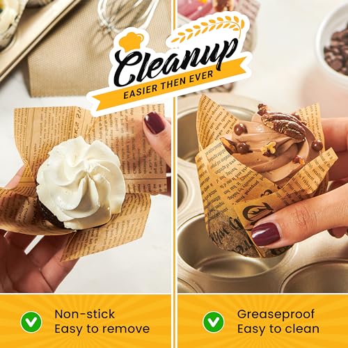 Baker's Signature 150pcs Parchment Paper Muffin Liners - Natural Wood Pulp, Greaseproof, Waterproof, Non-Toxic - Ideal for Multiple Occasions - color: 5.Newspaper White Beige
