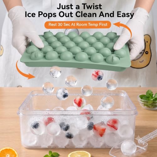 Ice Cube Tray with Lid and Bin, 64 Pcs Mini Round Ice Ball Molds for Freezer with Scoop, 0.8 Inch Sphere Maker, Easy Release Silicone Base, for Coffee, Cocktails (2 Pack, Fresh Green)