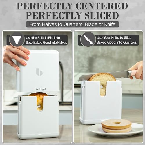 Bagel Slicer, Compact 2-in-1 Bagel Cutter with Precision Blade, Auto-Center & Knife Slot, Bagel Cutter Slicer for Large Bagels, Buns & English Muffins, Dishwasher Safe, White - color: White
